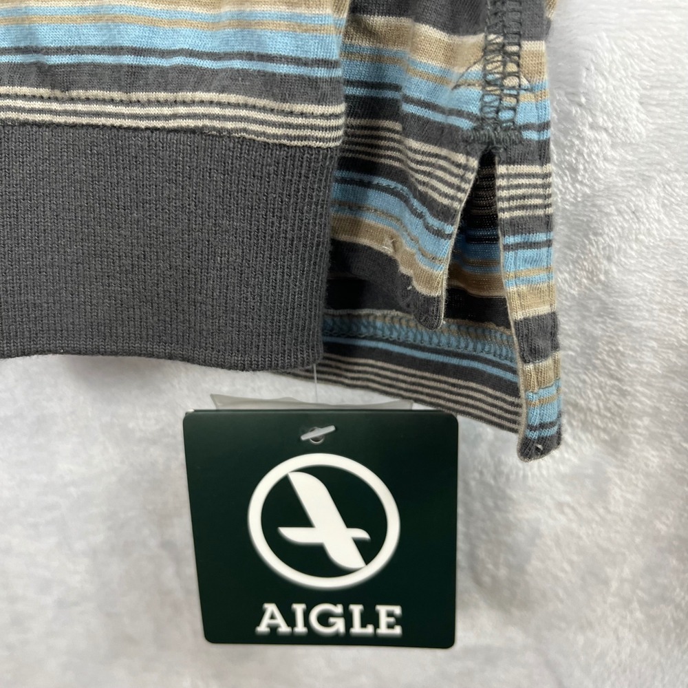 Aigle Long Sleeve Polo Mens XXL Blue Striped New Organic Cotton Pocket Shirt - Picture 9 of 12